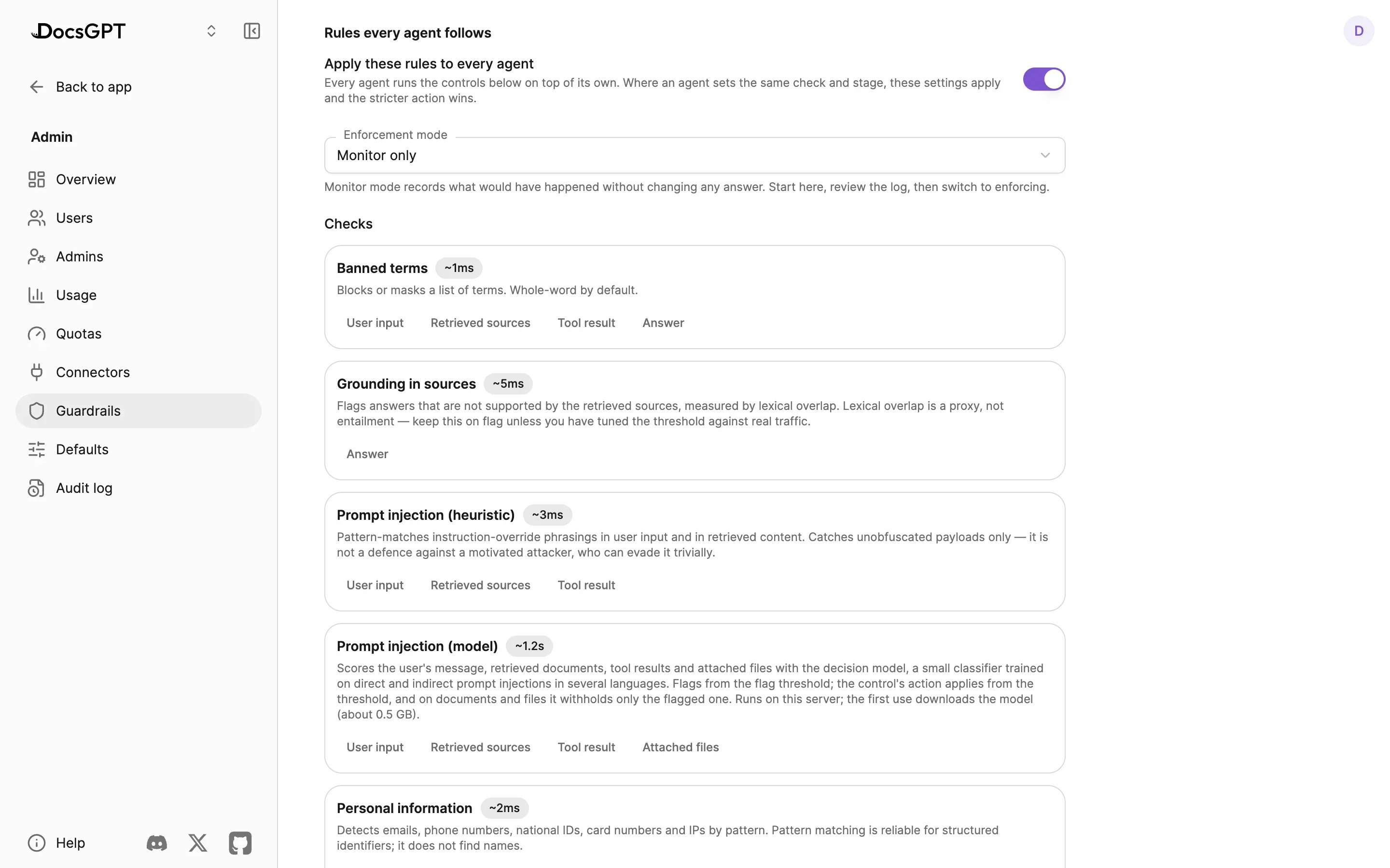 Admin › Guardrails: Rules every agent follows, with Apply these rules to every agent switched on, the enforcement mode set to Monitor only, and the checks every agent inherits: banned terms, grounding in sources, the prompt-injection heuristic and the prompt-injection model on user input, retrieved sources, tool results and attached files.