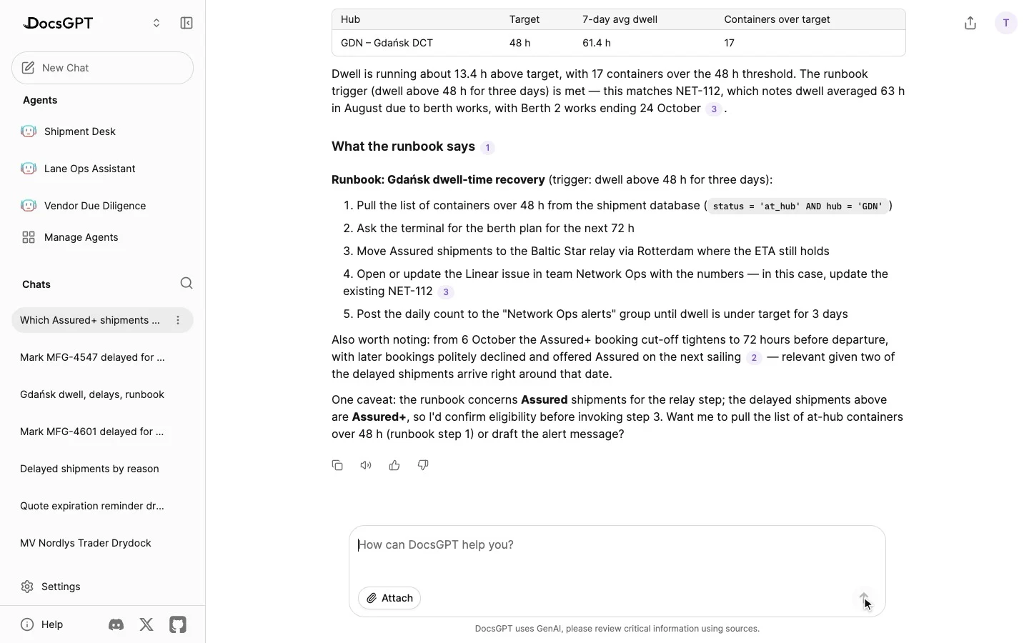 An agent answers a question with several tool calls; the calls fold into one step group under the answer, and one step is opened to show what it did.