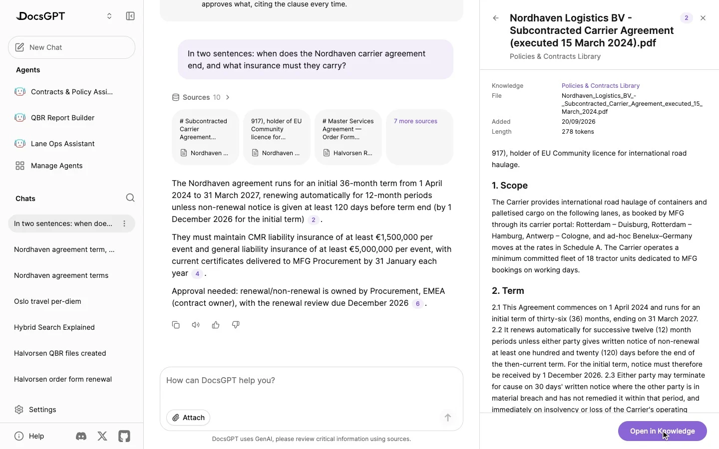 An answer about a carrier agreement streams in with numbered citations; clicking one opens the citation reader beside the chat with the cited passage, the file and its knowledge source, and an Open in Knowledge button.