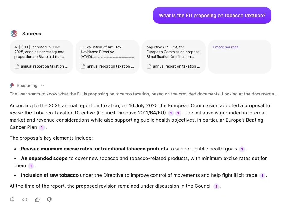 A chat answer to “What is the EU proposing on tobacco taxation?”. A Sources row lists three retrieved passages from “annual report on taxation …” with a “1 more sources” card, above a collapsed Reasoning row. The answer states that on 16 July 2025 the Commission adopted a proposal to revise the Tobacco Taxation Directive (Council Directive 2011/64/EU), with numbered citation chips after each claim, and lists the key elements: revised minimum excise rates, an expanded scope covering new tobacco products, and inclusion of raw tobacco.