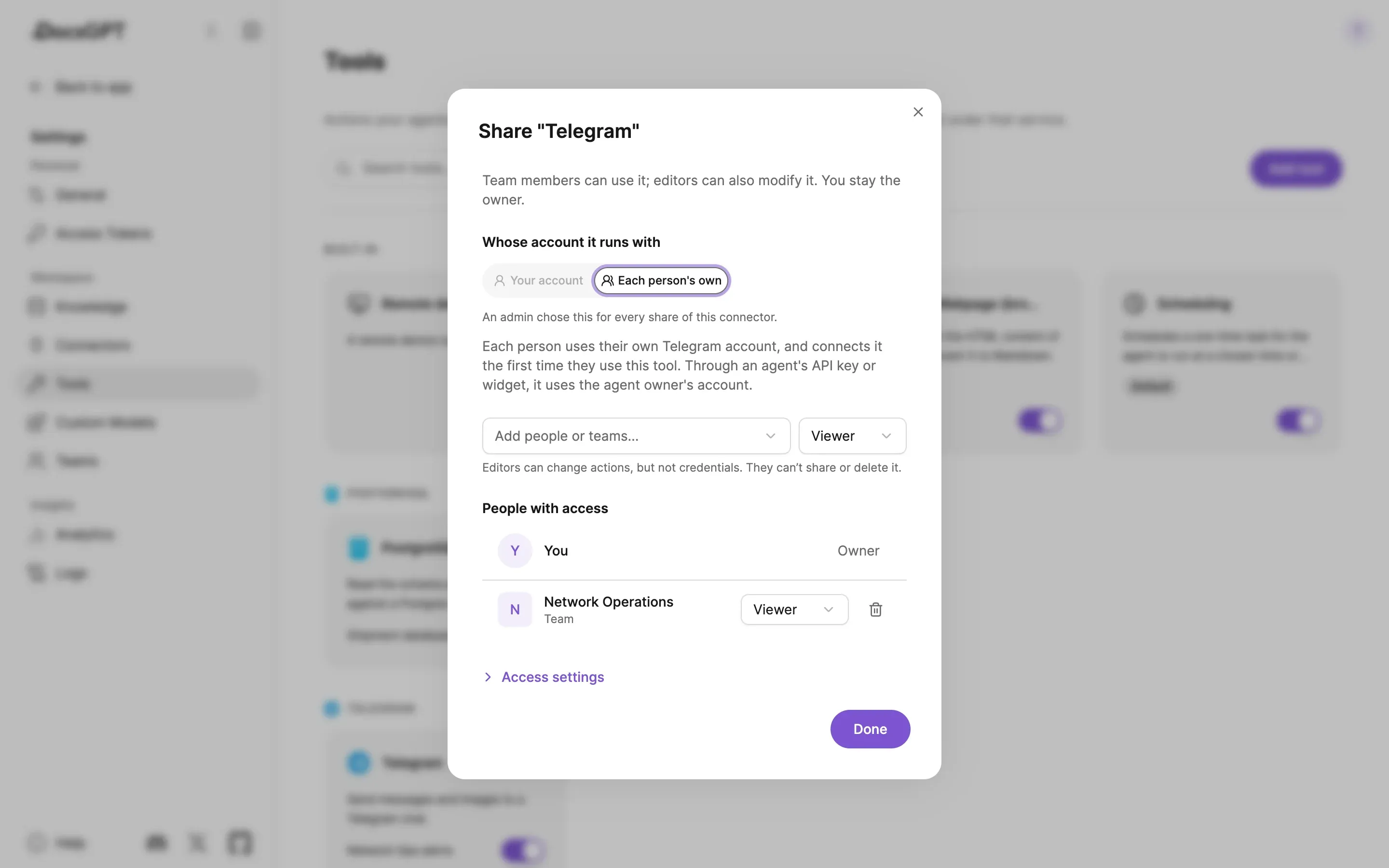 Share Telegram dialog: whose account it runs with is set to Each person's own, chosen by an admin for every share of this connector; the Network Operations team has Viewer access.