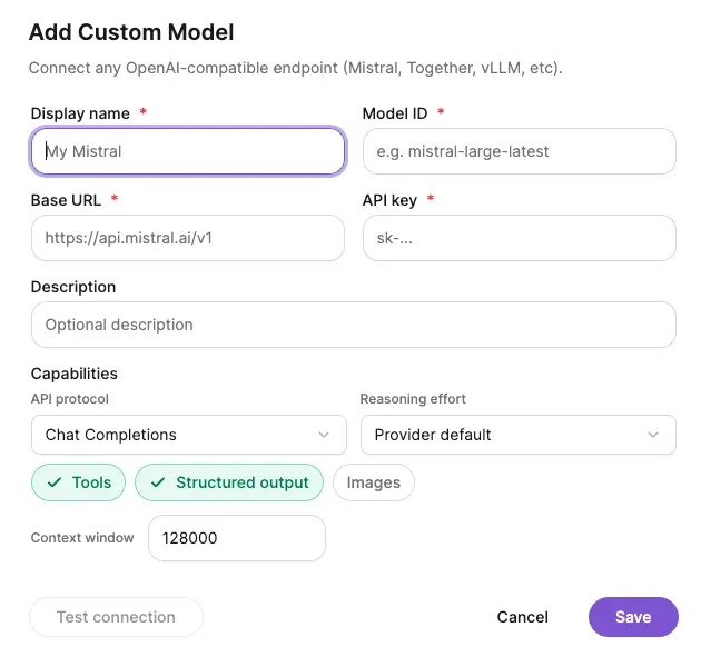 Add Custom Model dialog: Connect any OpenAI-compatible endpoint (Mistral, Together, vLLM, etc.). Fields for Display name (My Mistral), Model ID, Base URL (https://api.mistral.ai/v1), API key and Description; Capabilities with API protocol Chat Completions, Reasoning effort Provider default, Tools and Structured output ticked, Images unticked, Context window 128000; buttons Test connection, Cancel and Save.
