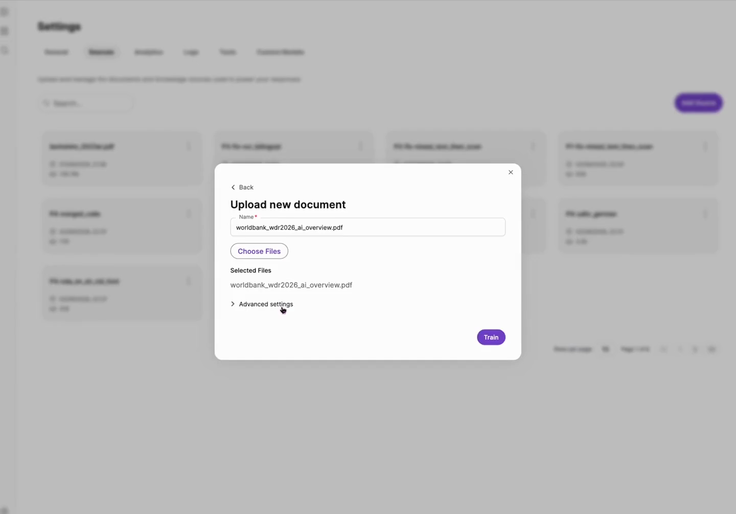 A PDF is uploaded to a source: the Upload new document dialog is filled in with worldbank_wdr2026_ai_overview.pdf and Train is pressed; the Sources list shows Upload in progress, then Upload completed; the file appears with its size and 50,243 tokens; the document opens on its chunk list, 43 chunks of 1,250 tokens each.