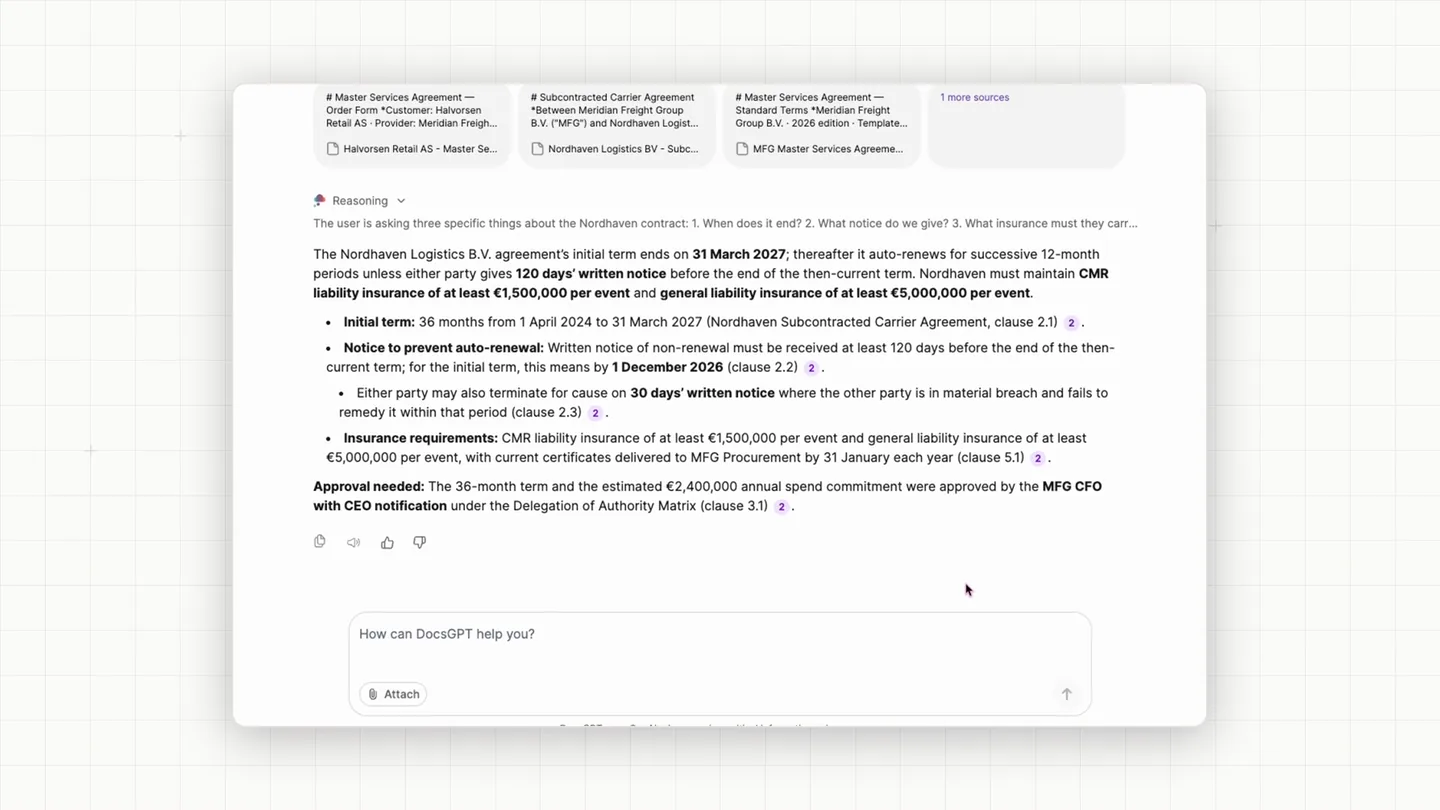 A silent product tour. Title card “Private AI over your own documents”; a Contracts & Policy Assistant is asked when the Nordhaven contract ends, what notice is owed and what insurance is required, and answers with the source cards above it and a numbered citation on every point — initial term to 31 March 2027, 120 days’ written notice, CMR liability insurance of at least €1,500,000 per event; a Vendor Due Diligence agent holds a read_webpage tool call at Approve or Deny; the guardrail event log lists injection, PII, URL, policy and secrets checks flagged or redacted at user input, answer and tool result; the Teams view shows Customer Support, People Ops and Revenue Ops; a closing card sets Cloud, Managed, On-premises and Air-gapped against where the data lives.