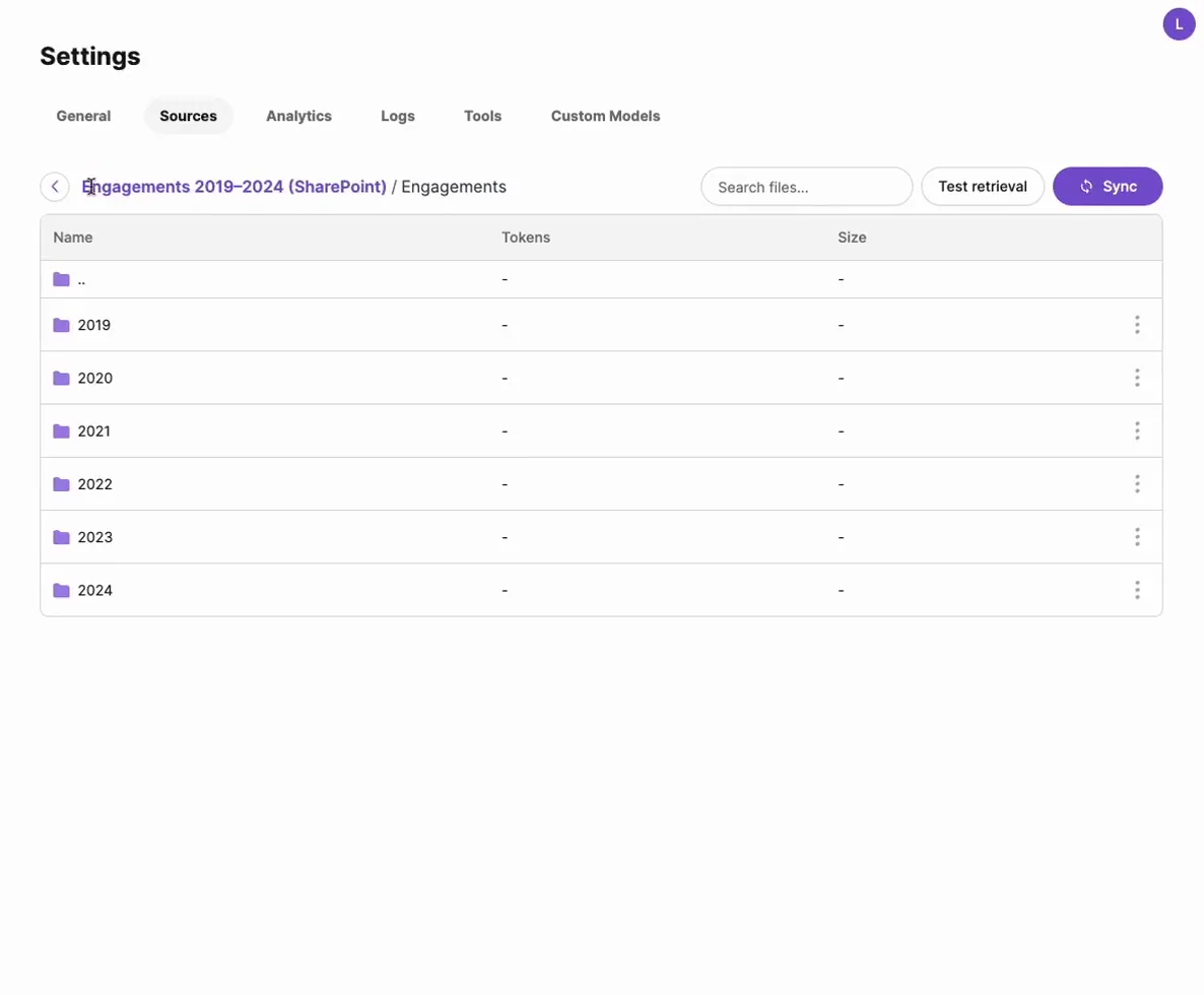 Settings › Sources. The connected sources are shown as cards, each with its last sync time and token count: Engagements 2019–2024 (SharePoint), Expert interview transcripts (Google Drive), Proposals & SOWs (Google Drive), Methodology library (Confluence), Client deliverables archive (S3), Sector benchmarks 2026 (Confluence), an uploaded PPTX deck, an internal wiki and a DOCX shared as Viewer. The menu on the Confluence source offers View, Sync, Sync now, Source settings, Test retrieval, Convert to wiki, Share with team and Delete. Share with team opens a dialog listing teams and people; the Revenue Ops team is added as Viewer and the dialog closes. The SharePoint source then opens as a folder browser — an Engagements folder with year folders 2019 to 2024 — with Search files, Test retrieval and Sync buttons.
