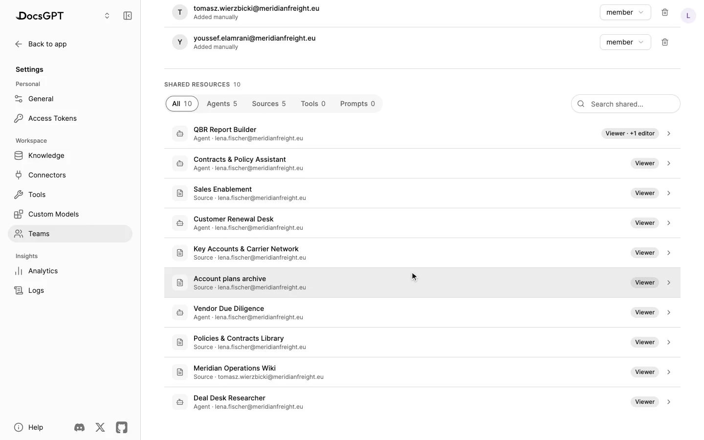 Settings › Teams lists three teams; Revenue Ops opens with five members, each with how they were added — one via SCIM, two via SSO, two added manually — and an admin or member role. Add a member invites by email: youssef.elamrani@meridianfreight.eu is added as a member and the list becomes six. Below, ten shared resources — five agents and five sources — each marked Viewer, one with an extra editor.