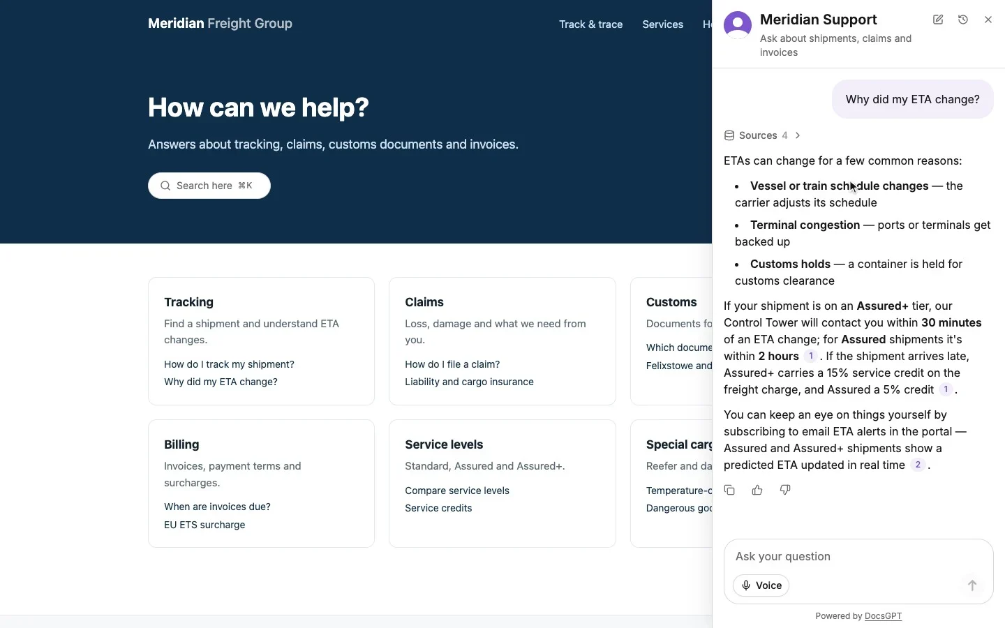A logistics company's help center with the DocsGPT widget: the visitor opens it as a sidebar, picks the suggested question Why did my ETA change?, and the answer streams in with numbered citations to the help articles.